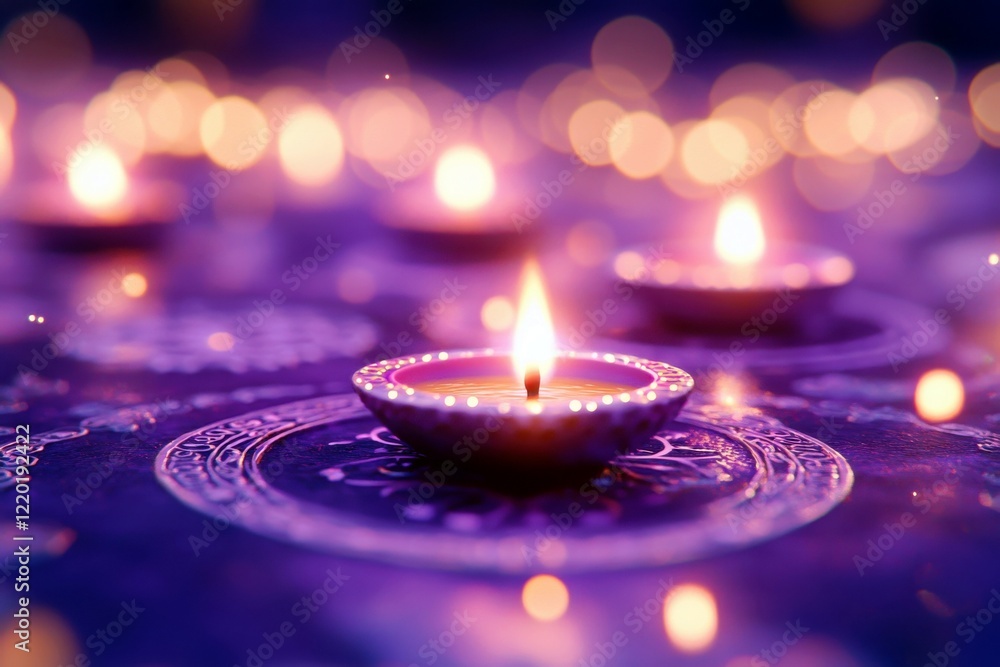 Poster atmospheric close-up of flickering candles on dark background with soft bokeh lights creating a magi