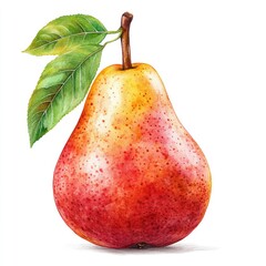 A vibrant, ripe pear with a green leaf, showcasing its glossy skin and rich colors, ideal for culinary use