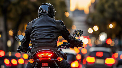 A man rides a motorcycle in city traffic, View from the back, Close-up. 
