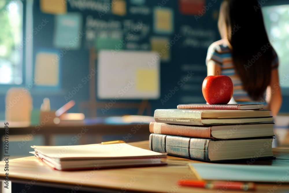 Poster young student in a classroom looking at a stack of books with a red apple atop the books symbolizing
