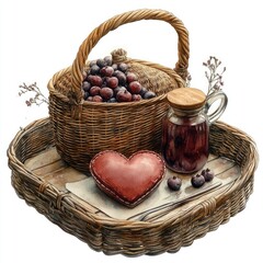 A rustic wooden tray featuring a woven basket of grapes, a heart-shaped decoration, and a jar of jam