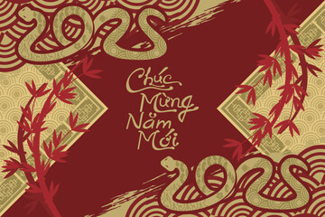 Translation: Happy New Year, 2025. Happy Vietnamese New Year Tet  or Tết Day 2025 year of the snake vector illustration. Suitable for greeting card, poster and banner. 