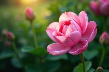 Delicate pink petals unfolding in dense green foliage, foliage, blooming flowers