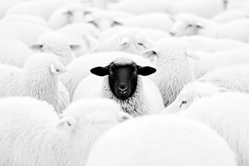 Black Sheep Standing Out Amongst White Sheep in a Flock Highlighting Contrast and Unique Features of Character in Nature's Cycle