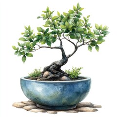 A beautifully detailed bonsai tree in a ceramic pot, surrounded by pebbles, showcasing nature's artistry