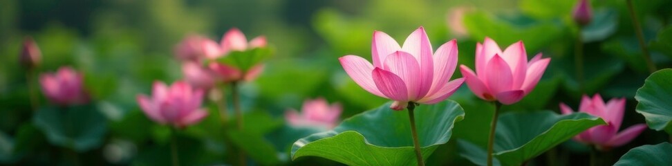 Obraz premium Delicate pink petals unfolding in dense green foliage, nature, foliage, blooming flowers