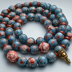 Close-up of intricately designed prayer beads with floral patterns against a smooth backdrop