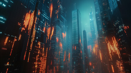 Fototapeta premium Futuristic Cityscape at Night with Glowing Neon Lights