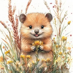 Adorable small mammal smiling while holding flowers in a vibrant field of wildflowers and grass