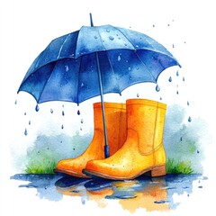 Vibrant watercolor illustration of yellow rain boots under a blue umbrella in a rainy setting