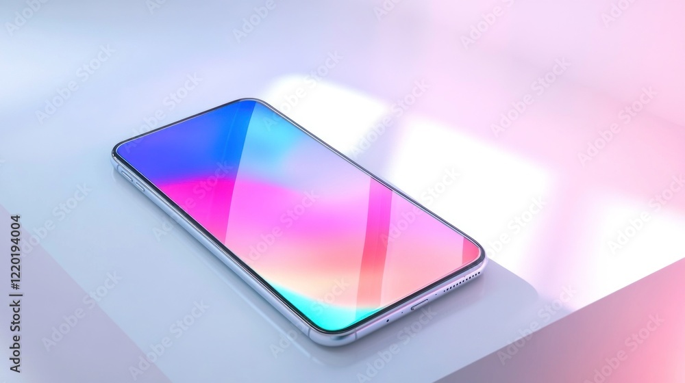 Poster modern smartphone displaying colorful screen on a minimalist surface with light