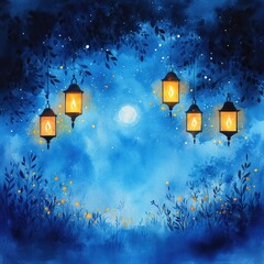 A serene night scene featuring glowing lanterns hanging among lush foliage under a bright moon