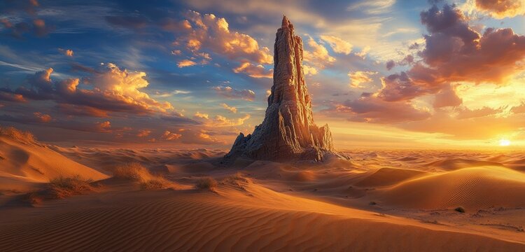 Dramatic sandstone spire standing alone in a vast desert, surrounded by rolling sand dunes under a vivid sunset with glowing clouds in the sky.