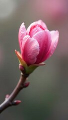 Delicate pink petals unfurl on a slender twig, showcasing an almond flower in its early stages, delicate, bloom