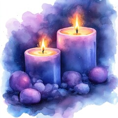Two lit purple candles surrounded by smooth pebbles and soft clouds of color in a serene setting