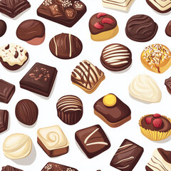 A seamless pattern illustration of various delicious chocolates