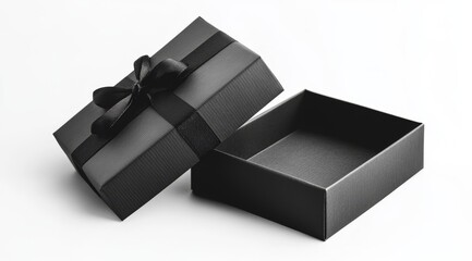 Open black gift box with black ribbon on white background. (2)