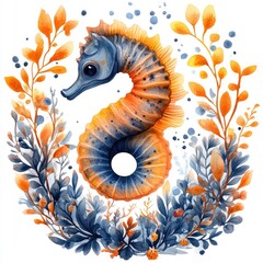 A vibrant watercolor illustration of a seahorse surrounded by colorful foliage and floral elements