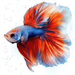 Vibrant Betta Fish with Flowing Fins Swimming Gracefully Against a White Background