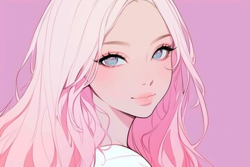 Elegant Young Woman with Long Pink Hair and Bright Blue Eyes Smiling Against Soft Pink Background in Beautiful Digital Illustration Style