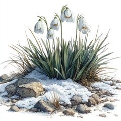 Snowdrops blooming amidst rocky terrain, surrounded by patches of snow and dry grass, evoking springtime beauty