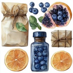 A vibrant arrangement of blueberries, oranges, and packaged fruit products set against a clean background