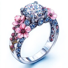 Exquisite floral engagement ring featuring a large diamond centerpiece and intricate detailing