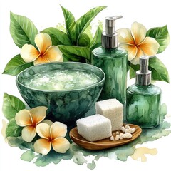 A serene spa setting featuring green bottles, a bowl of scrub, and tropical flowers surrounded by lush leaves