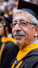 Senior man in graduation attire at celebratory event. 
