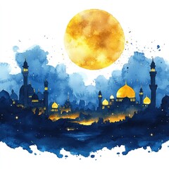 A serene watercolor depiction of a city skyline under a glowing moon, with intricate architecture and soft clouds