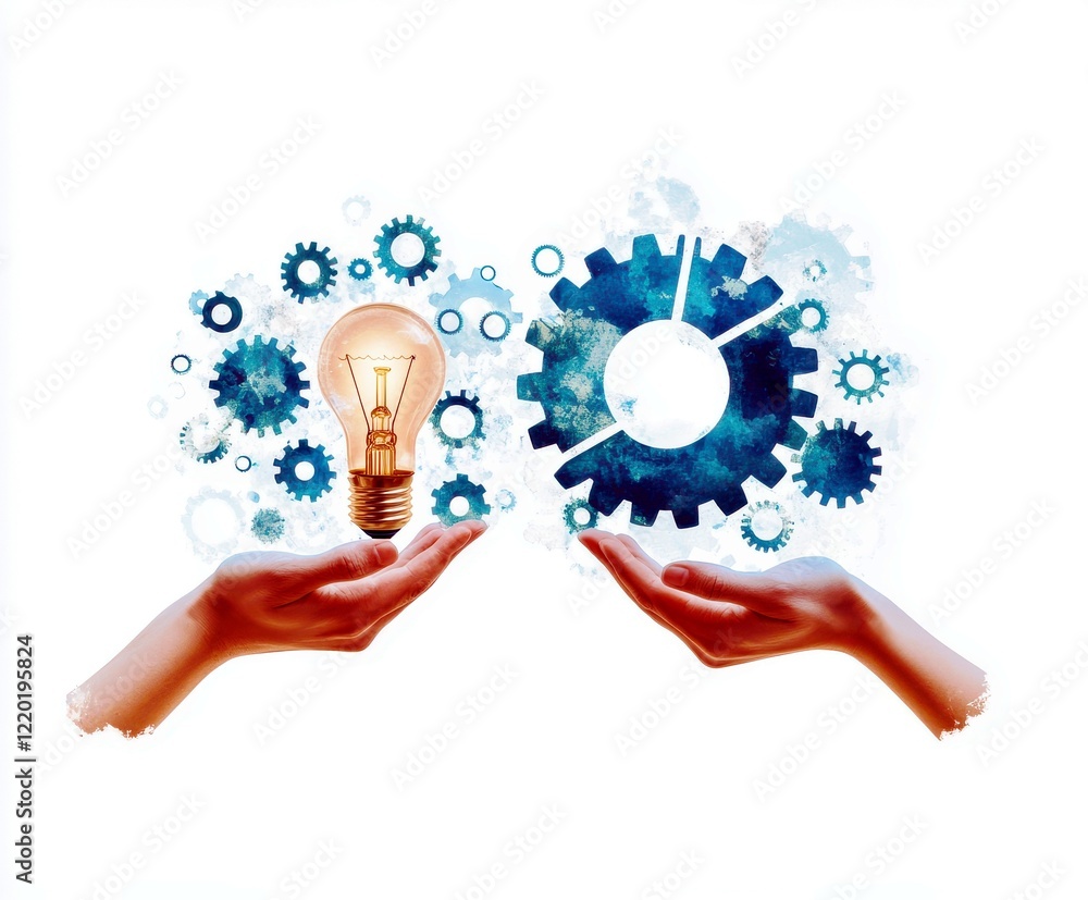 Poster creative concept of innovation with light bulb and gears representing ideas and technology in hands 