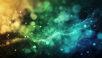 Fondo abstracto de luces bokeh en tonos dorados, verdes y azules con textura brillante y efecto de part&iacute;culas luminosas