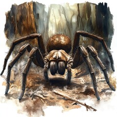 Realistic depiction of a large spider in a forest setting, surrounded by trees and earthy tones