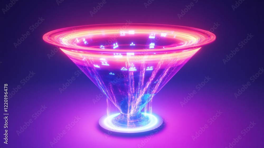 Poster a glowing 3d funnel with neon lights, pulling audience symbols into the top while filtering leads th