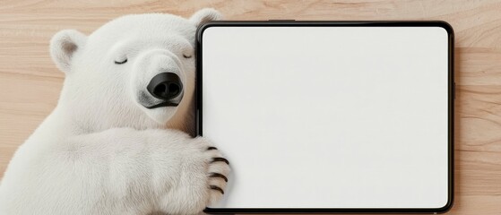 Obraz premium Adorable Polar Bear Hugging Blank Mobile Phone Screen