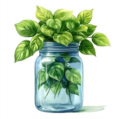 Lush green leaves thriving in a clear glass jar, showcasing vibrant foliage against a clean background