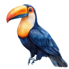 Vibrant toucan perched gracefully, showcasing its colorful beak against a clean white background