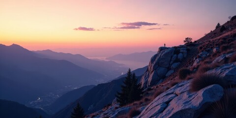 Serene Sunset Vista A lone figure stands silhouetted against the breathtaking panorama of a majestic mountain range bathed in the soft hues of twilight, overlooking a tranquil valley below.