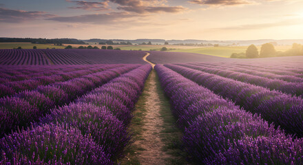 Fototapeta premium An enchanting landscape unfolds, presenting a magnificent summer vista of blossoming lavender fields