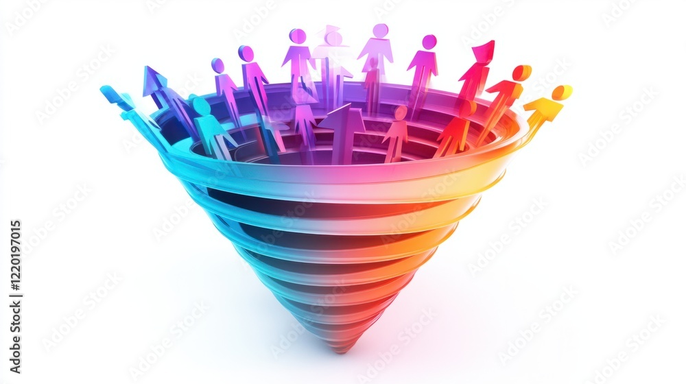 Aufkleber a glowing 3d marketing funnel with vibrant arrows and audience figures transitioning dynamically thr