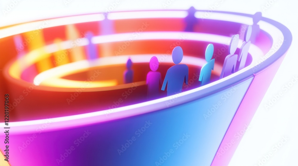 Poster a glowing 3d marketing funnel with vibrant arrows and audience figures transitioning dynamically thr