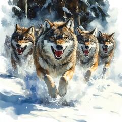 A pack of wolves running through a snowy forest, showcasing their strength and agility in winter