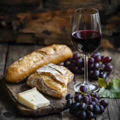 Rustic Wine and Cheese Pairing: A glass of rich red wine stands beside a rustic wooden board, showcasing a symphony of textures and flavors. A wedge of creamy cheese, crusty bread.