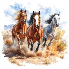 Three majestic horses galloping through a dusty landscape under a blue sky, showcasing freedom and strength