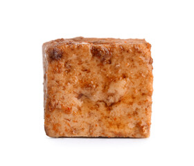 Piece of fried tofu cheese on white background