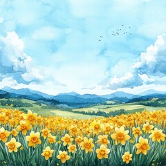 Vibrant field of blooming daffodils under a bright sky with distant mountains and soft clouds