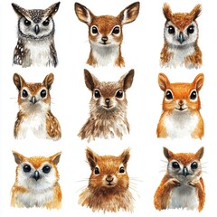 A vibrant collection of hand-painted animal portraits showcasing owls, deer, and squirrels in detail