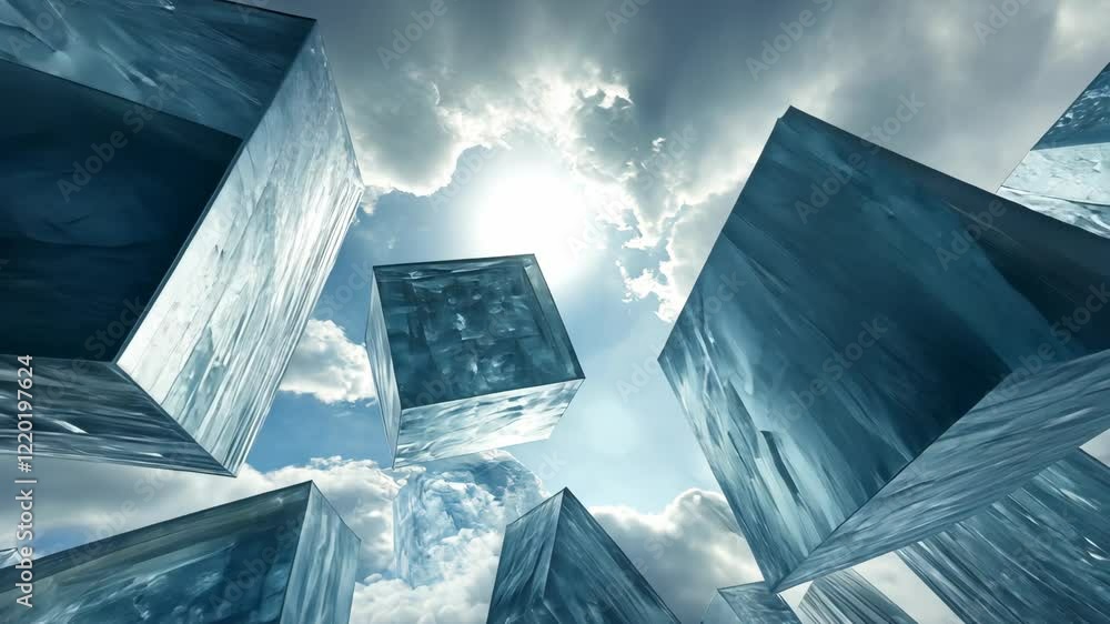 Poster floating translucent cubes in a cloudy sky create an ethereal atmosphere with sunlight streaming thr