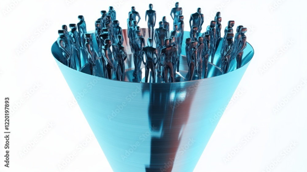 Poster a metallic 3d funnel visualizing audience flow with holographic figures entering the top layer, on w