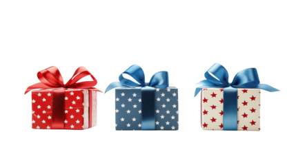 Patriotic Gift Boxes Red White and Blue Stars isolated on transparent background